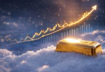 So entwickelt sich der Goldpreis im Januar Goldbarren im Schnee mit aufwärtsgerichtetem Goldpreis-Chart zum Jahresanfang