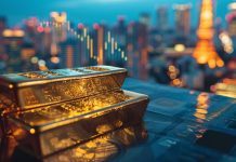 Goldpreis auf Rekordhoch: Goldbarren vor der Skyline von Tokio – Yen-Schwäche und steigende Japan-Renditen belasten die Märkte