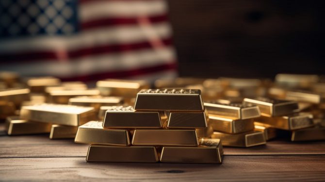 Goldpreis volatil zum Jahresauftakt – Goldbarren vor US-Flagge