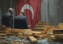 Goldreserven der Türkei auf Rekordniveau: Goldbarren vor türkischer Flagge im Zentralbank-Kontext