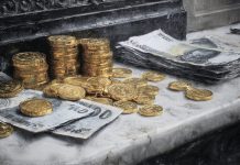 Goldpreis-Turbulenzen schlagen durch: Spreads und Aufgeld bleiben hoch Goldmünzen und Banknoten symbolisieren erhöhte Spreads und Marktvolatilität bei Gold und Silber