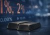 Gold- und Silber-Korrektur: Goldbarren vor Börsentafel mit steigenden Zinsen
