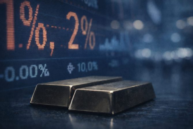 Gold- und Silber-Korrektur: Goldbarren vor Börsentafel mit steigenden Zinsen Gold- und Silber-Korrektur: Goldbarren vor Börsentafel mit steigenden Zinsen