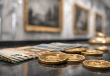 Gold kaufen nach Preissturz? Aufgelder und Spreads bleiben hoch Goldmünzen und Euro-Scheine im Edelmetall-Handel – Preise für Gold und Silber gefallen