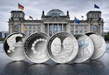 Euro-Silbermünzen vor dem Reichstag in Berlin – Deutschland senkt Silbergehalt
