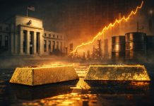 Goldbarren vor Notenbankgebäuden und steigendem Ölpreischart als Symbol für Inflation und geldpolitischen Druck