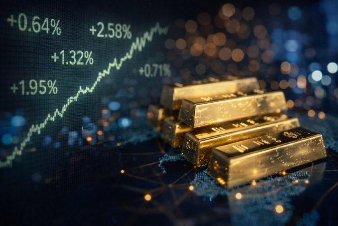 Goldpreis über 5.200 USD – steigender Goldchart mit Goldbarren Goldpreis über 5.200 USD – steigender Goldchart mit Goldbarren