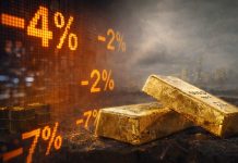 Goldpreis unter Druck: fallende Prozentanzeige und Goldbarren vor Krisenkulisse