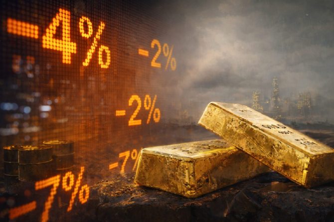Goldpreis unter Druck: fallende Prozentanzeige und Goldbarren vor Krisenkulisse